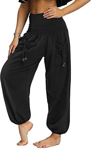 Nuofengkudu Femme Hippie Pantalon Sarouel Poche Taille Haute Baggy Viscose Harem Yoga Pants Boheme Detente Soft Relax Leger Pantalons Pyjama Casual Streetwear Danse Ete Plage Voyage Noir M