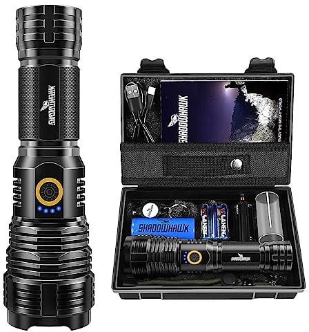 Shadowhawk Linternas LED Alta Potencia Recargable, Linterna Potente 500000 Lúmenes XHP70.2, Linterna Táctica Militar IP67 Impermeable, para Emergencia Camping Senderismo Regalo