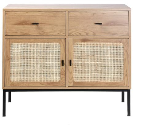 Calicosy - Commode 2 Portes 2 Tiroirs Cannage Rotin - Décor Chêne - Panneaux De Particules - Piétement Métal Noir - pour Chambre, Entrée Ou Salon - Style Moderne - L 90 x P 39 x H 79 cm