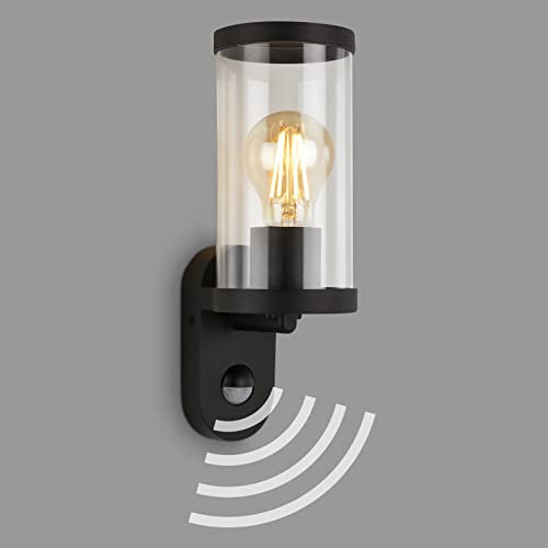 BRILONER - Außenlampe mit Bewegungsmelder, Außenwandleuchte, Dämmerungssensor, IP44, E27, Schwarz, 270x95x115 mm (LxBxH), 3628-015