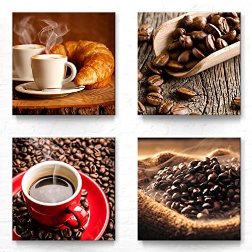 Bilder Küche modern als Leinwandbild, 50x50cm je Motiv. Schöne braune Deko Bilder von Kaffee. Für Küche, Esszimmer, Flur. Moderner Kunstdruck auf Leinwand. Aufhängefertig.