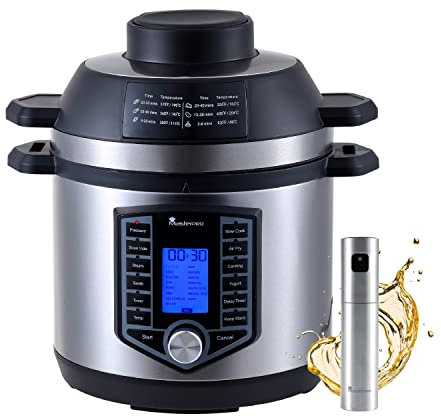 MasterPro FryCook Kit de Freidora Sin Aceite y Olla a Presión de 1500W y 6L Junto con Spray Pulverizador de Aceite con 44 Funciones Automáticas Olla Express 12 Programas de Cocinado, BGKIT-0007