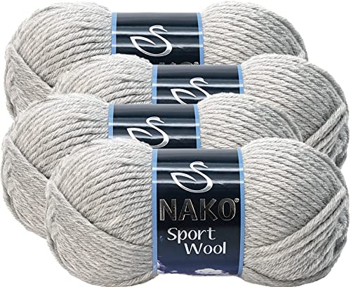 Nako Sportwolle, Wollstrickgarn, (4 Knäuel) je Knäuel (Knäuel), 100 g, Sie können es zum Stricken von Schals, Baskenmütze, Strickjacken und ähnlichem verwenden (Hellgrau 195)
