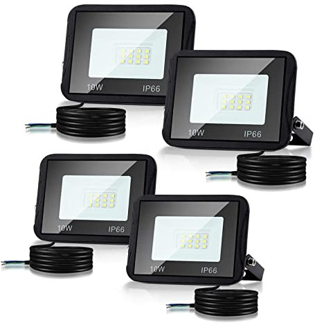 Tubiaz LED Außenstrahler, 4er 10W IP66 Wasserfest Aussenstrahler Flutlicht 6000K KalteWeiß, 900LM Superhell Fluter mit 1M Kabel, LED Scheinwerfer für Innenhöfe, Auffahrt, Türen (kein Stecker)