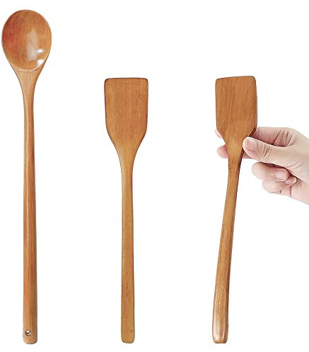 UPTALY 2 spatules en bois fin pour omelette (27 cm x 4,5 cm), 1 cuillère à mélanger à long manche (34 cm x 5 cm), bois massif naturel, petite spatule à œufs au plat, cuillère à mélanger étendue