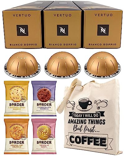 Coffee Pod Variety Pack for Vertuo - Bianco Doppio Coffee Capsules - 3 Boxes (30 Pods) Bundled with Border Biscuits Selection and Reusable Tote Bag