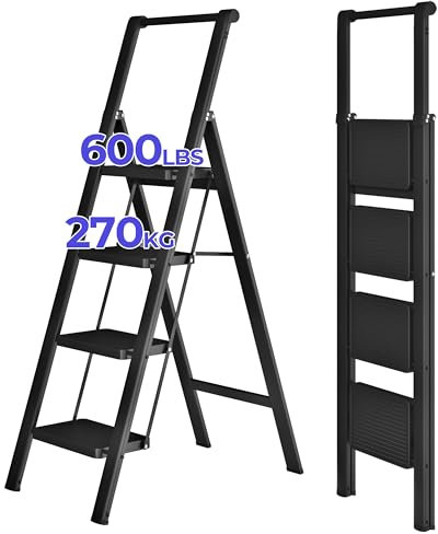 JOISCOPE Scala Pieghevole a 4 gradini, Scaletta Pieghevole con Corrimano, Scala Antiscivolo Extra Ampia, Capacità di Carico Fino a 270kg, Scala domestica, Ufficio, Nero