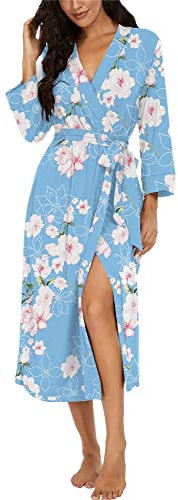 PrinStory Dressing Gown For Women Lightweight 3/4 Sleeve V Neck Long Kimono Robes Ladies Bathrobe Soft Sleepwear Loungewear (Flower Print Light Blue, M)