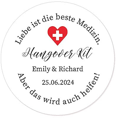 50x PERSONALISIERT 40mm Hangover Kit Aufkleber Hochzeit Gastgeschenk Sticker Bachelorette Geburtstag Feier Kater Kit - Liebe ist die beste Medizin Etiketten -Rd 100 (003)