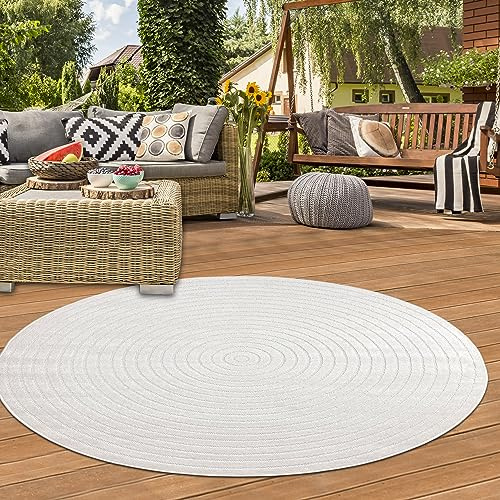 Teppich-Traum In- & Outdoor Teppich Rund Kreisstruktur Creme Ø 160 cm | Für Balkon, Terrasse, Wintergarten & Wohnbereich, pflegeleicht, wetterfest, schmutzabweisend, robust und strapazierfähig