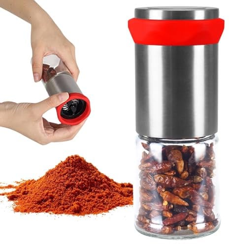 KLOP256 Macinino peperoncino in acciaio inox e vetro, 100 ml, altezza 17,5 cm, peperoncino, macinino per spezie