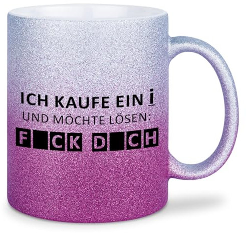 glitzertassen.de® | Ich kaufe ein i und möchte lösen... | Tasse mit Glitzer | Geschenkidee | lustige Sprüche | Bürotasse | Kaffeebecher | Keramik | 330 ml | Silberviolett