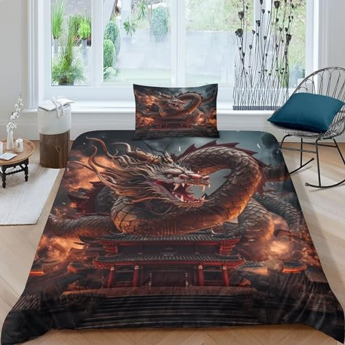 MOBYAT 3D Gedruckter Dragon Kinder Bettwäsche Kissenbezug Jungen Fantasy Wende Bettwäsche Deckung Set Mit Reißverschluss Weich Mikrofaserbettwäsche Single(135x200cm)