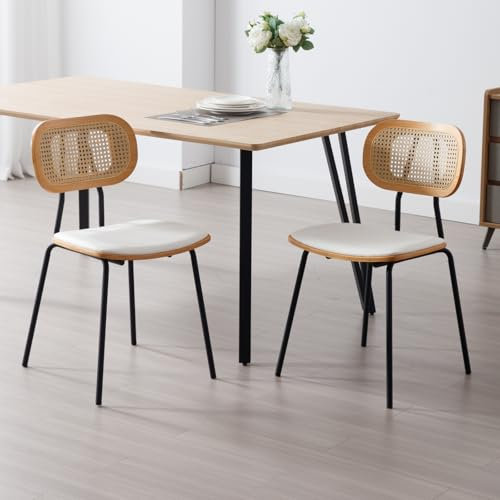 chairus Esszimmerstühle aus PU Leder 2er Set Küchenstühle Akzentstühle mit Rattan Rückenlehnen Armlose Stühle für Esszimmer Küche Wohnzimmer (Weiß)