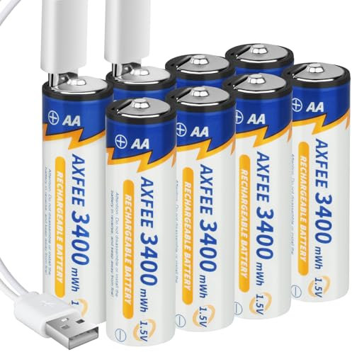 AXFEE 3400mWh Lithium AA Rechargeable Batteries, 8PCS 1.5V High Capacity Rechargeable Battery with 4PCS 2 in 1 USB Charging Cable, 1H Fast Charge, 1500 Cycles, Li-ion AA Batteries, with Storage Box