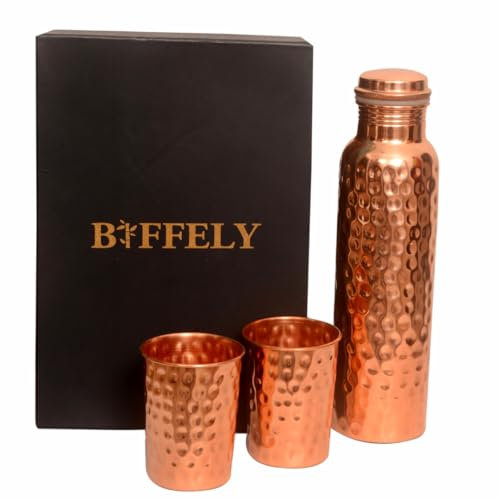 Pure Copper Water Bottle – 1000ml (34 oz) Leak-Proof Ayurvedic Bottle | Handmade, BPA-Free, Joint-Free Design for Health, Yoga, Office & Travel | - Premium Gift Packaging (With 2 Tumblers)