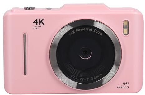 Appareil Photo Numérique 4K Haute Définition 48 MP Compact et Portable, adapté aux Voyages, Zoom 16X, écran 2,8 Pouces, Batterie, Sourire et Automatique (Pink)