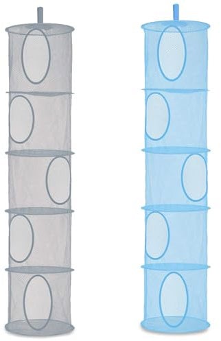 DHSWNNG 2 Stück Hängeaufbewahrung, 5 Stufen Hängeregal Mesh Faltbare Hängender Speicherkorb Hängende Netz-Aufbewahrungstasche Kuscheltiere Hängeregal für Spielzeug (Grau, Blau)