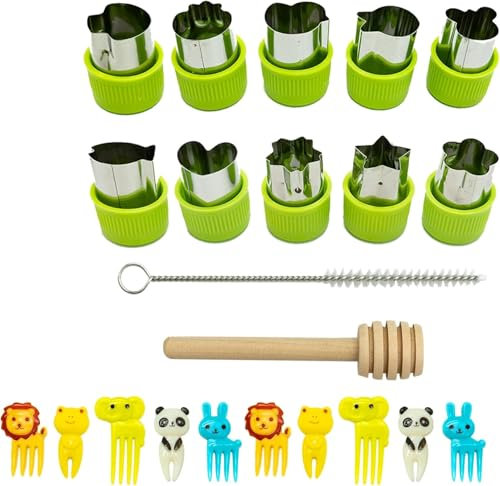 REBECASKYENS 12 Pcs Vegetable Cutter Set, Fruit Cookie Stamps, Stainless Steel Shape Cutter Sandwich Cutters for Kids, Cookie Cutters Mold/Food Picks for Kids with 10 Animal Shaped Picks (Green)