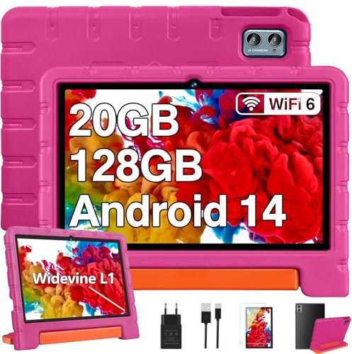 ZIOVO Tablet Bambini Android 14 Tablet 10 Pollici, 20GB RAM+128GB ROM(TF 1TB),WiFi 6 Tablets, Widevine L1/Octa-Core/BT 5.0/8+5 MP/6000mAh/Tablet per Bambini,Tablets con EVA Caso - Rosa