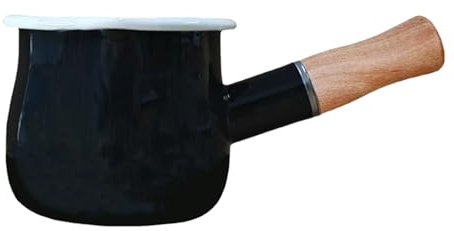 FARCADY 0.6qt Mini Enamel Milk Pot Insulated Wooden Handle 2 Pour Spouts Small Food Warmer Cute Saucepan (D015,BLACK)