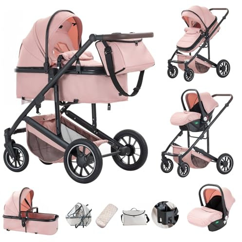 Lnhcrbs Passeggino Trio, Rosa-Set Passeggino e Seggiolino Auto, passeggino fronte mamma da Viaggio con Manico Regolabile, Cestino&Cestino per Dormire con Copripiedi, Copripiedi rialzati,0-4,22KG