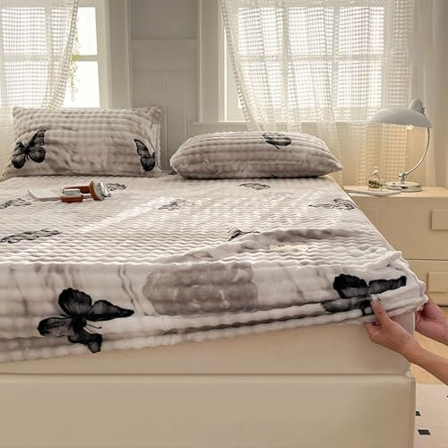 Topper Spannbettlaken 120x200, Blumen- und Schmetterlingsmuster Samt Bettwaren Spannbettlaken Grau, für Boxspringbetten