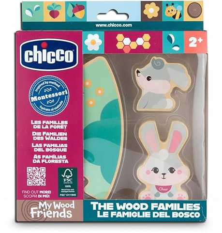 Chicco, Sammelfiguren aus Holz, Montessori-Spiel, 2 Hasen, 1 Puzzleteil, Entdecke das Universum My Wood Friends, Geschichten erfinden, Mädchenspiel, Kinderspiel ab 2 Jahren, Geschenkidee