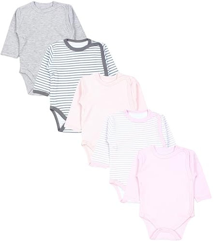 TupTam Body Neonato – Body Bambino a Maniche Lunghe con Chiusura Laterale in Cotone, Set 5 Pezzi, Strisce rosa cipria grigio chiaro, 50