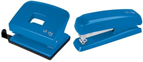 VON Leitz Set Locher & Heftgerät, Für 20 Blatt, Anschlagschiene mit Formatangaben, Kompakte Größe ideal für zu Hause, im Büro oder in der Schule, Metall und Kunststoff, Blau, 50200035 + 56200035
