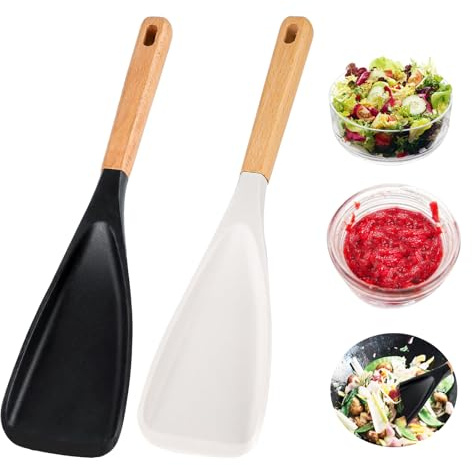 Cuillère en silicone 2 en 1 - Cuillère multifonction - Pelle en silicone anti-adhésive - Spatule résistante à la chaleur - Pour mélanger la cuisine et servir (noir + blanc)