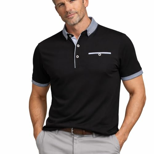 Xact Polo Uomo Manica Corta Cotone Stretch, Maglietta Jersey con Colletto Button Down, Taschino Finto, Regular Fit Smart Casual per Lavoro Golf Viaggio, Nero Corvino, M