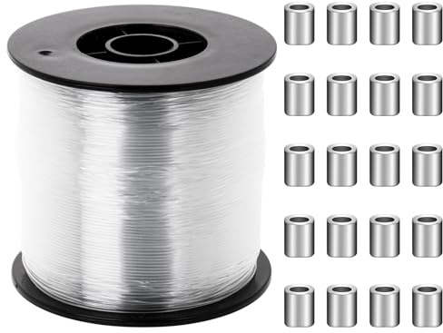 Larrel Filo di nylon trasparente, 0,8 mm x 200 m, resistente agli strappi, filo trasparente con 100 manicotti di crimpatura monofilo, filo di nylon resistente da appendere per fai da te, pesca