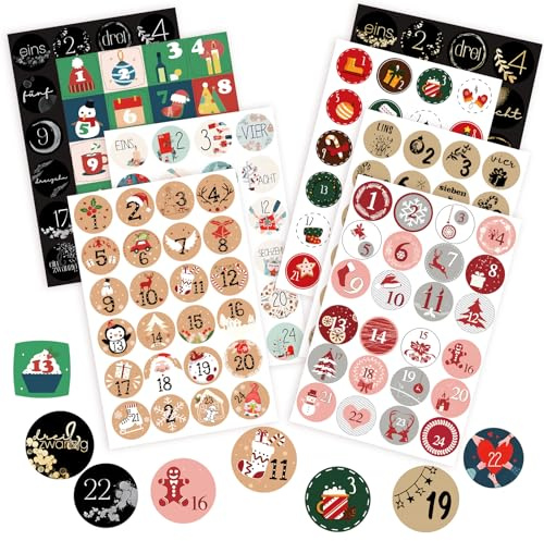 Adventskalender Zahlen Aufkleber 8 x 24 Klebezahlen Adventskalender Sticker 1-24 Nummern Aufkleber Selbstklebend Zahlenaufkleber für Weihnachten zum Selber Basteln und Dekorieren