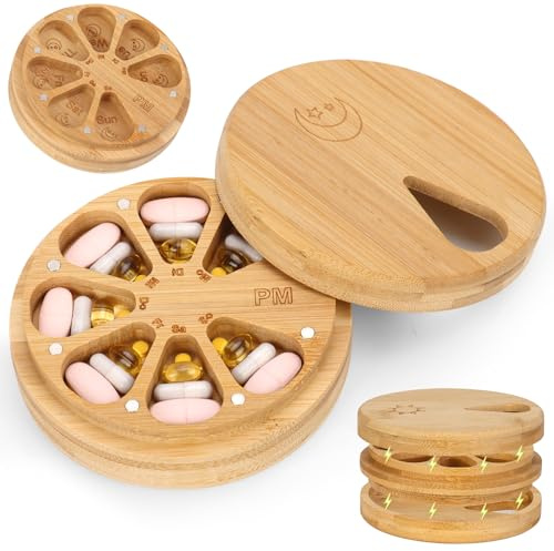 Tablettenbox 7 Tage Morgens Abends Pillendose 12x 12x 4.1cm Medikamentenbox Holz Doppelseitige Pillenbox Tablettendose Drehbare Magnetische Tabletten Organizer für Medikamente Supplement Vitamine