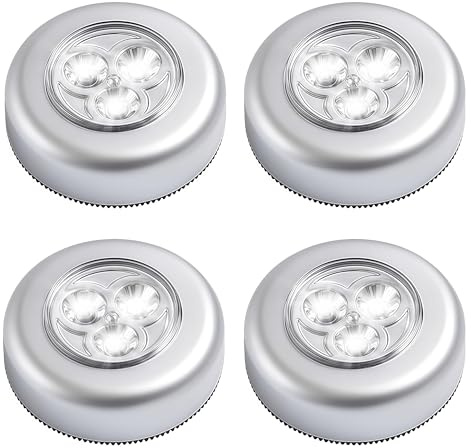 Stick-on Push Light, 4 Pack LED Battery Powered Wireless Night Light with Self-Adhesive Base - Touch Activated for Closets, Cabinets, Kitchen, Stairs, Wardrobes - Easy Installation, No Cords Needed