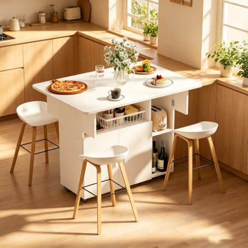 ChromaCasa Folding Dining Table For for 4-6, Drop Leaf Table with Cabinet and 2 Open Storage Shelves, Rolling Casters, for Dining Room Kitche Small Space (White, 100x70x78cm)