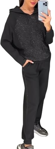 Damen-Kapuzen-Sweatshirt und Jogginghose mit Bündchen, 2-teiliges Set, Pailletten-Jogger-Set, Lounge-Kapuzen-Sweatanzug-Sets