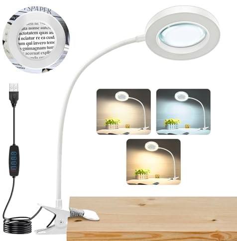 JUOIFIP 10X Lupe mit Licht und Klemme, Clip Lupe für Lesen mit 3 Farbmodi | Leselupe für Hobbys, Reparaturen, Handwerk, Nähen, Naharbeit, Kunstwerke, Hände frei