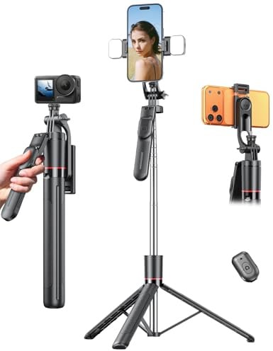 Selfie Stick mit Abnehmbarer Handyhalterung, Ausziehbares Handy Stativ mit Fernbedienung, 360° Drehbarer StativStänder für iPhone, Samsung und Android-Smartphones (170CM Schwarz mit fülllicht)