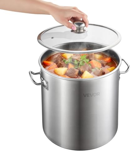 VEVOR Pentola in Acciaio Inox da 19,9 Litri, Casseruola in Acciaio Inox con Coperchio in Vetro per Cottura da Cucina Brodo, Pasta, Zuppa, Catering Ristorante Cucina Commerciale, Senza PFOA PFAS