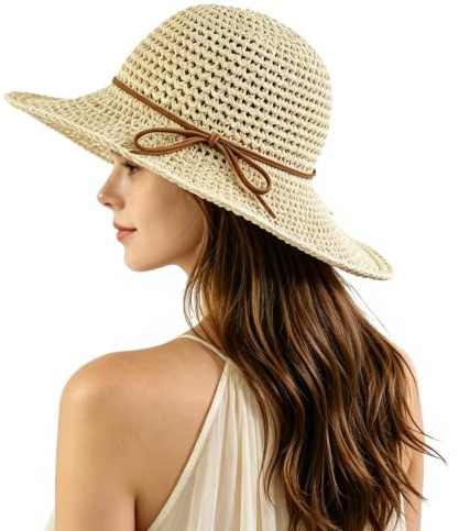 FuncHardwa Chapeau de paille pliable pour femme - Chapeau de plage en paille souple pour les voyages de vacances