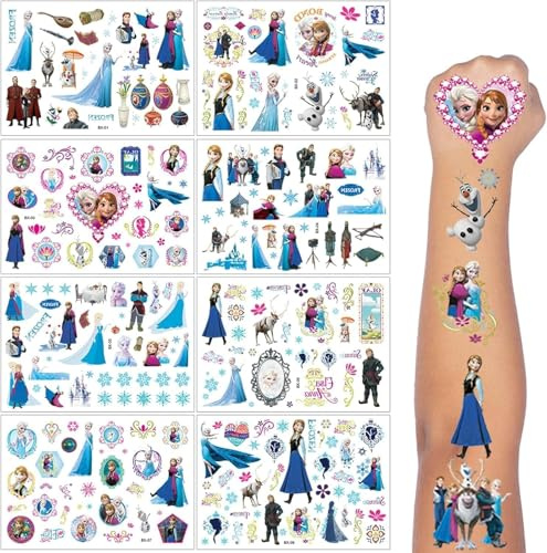 ROMANVIC Elsa Tattoo Kinder,8 Blätt Frozen Temporäre Klebetattoos,Anna und Elsa Geschenke,180+ Frozen Tattoos für Kindergeburtstag Party Deko Hautfreundliche Temporäre Kindertattoos