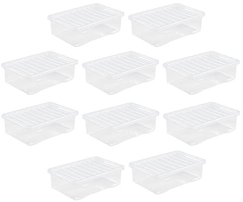 JMS (Set of 10) 32L Litre Clear Crystal Plastic Storage Box With Lid Stackable & Nestable Container Garage Office Home & Kitchen Made in UK.