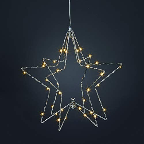 hellum 522624 LED-2D- oder 3D- Stern zum Stellen oder Hängen mit 6h-Timer, 36 warm-weiße LEDs, mit transparentem Haken, 30 * 33 cm, batteriebetrieben (nicht inkl.)