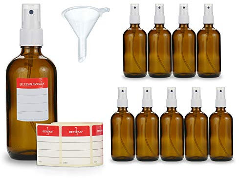 10 x Bouteilles en verre teinté de 100 ml munies de vaporisateur, mini-entonnoir + étiquettes, Flacons pulvérisateurs avec pulvérisateur à pompe, par exemple pour le parfum
