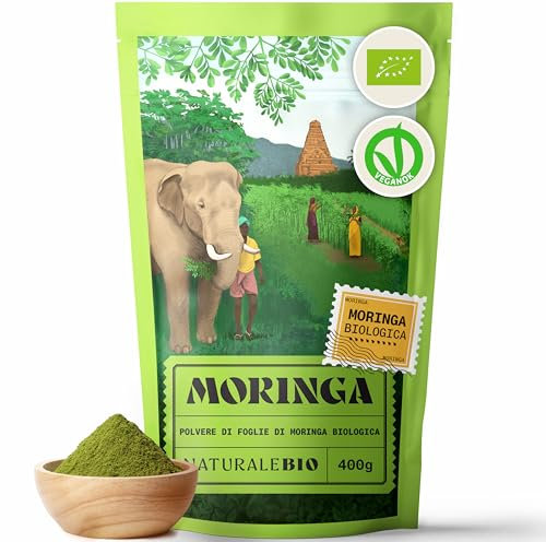 NaturaleBio Moringa Oleifera Bio in Polvere - Qualità Premium - 400g. Biologica, Naturale e Pura. Foglie Raccolte dalla Pianta di Moringa Oleifera.