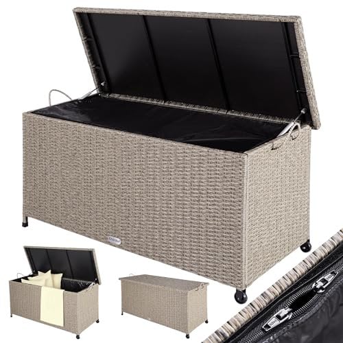 Casaria® Coffre de jardin XXL Crème Coffre de rangement avec roulettes 270 L étanche Vérin à gaz 117x53x60 cm Jardin Balcon