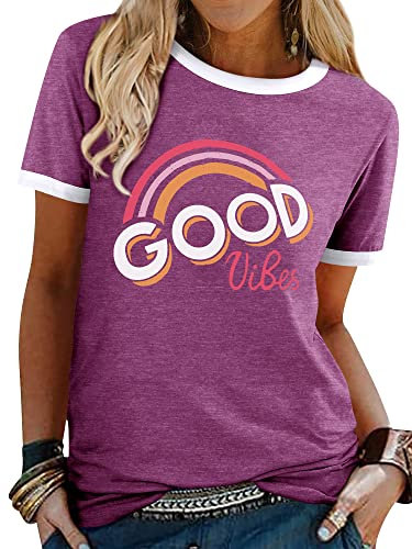 Dresswel Damen Good Vibes T-Shirt Regenbogen Muster Shirt Rundhals Kurzarm/Langarmshirt Oberteile Hemd Tops Bluse(11-Purple,M)