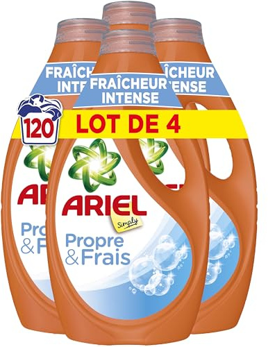 Ariel Simply Lessive Liquide, 120 Lavages (4x30), Parfum Fraîcheur Intense, Propre et Frais, Choix économique, Fabriqué en France
